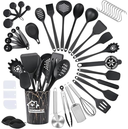 Binnan Ustensiles de Cuisine en Silicone, Lot de 44 Accessoire Cuisine Set, Set Ustensiles Cuisine Accessoire, sans BPA, Antiadhésive avec Pot de Rangement, Noir