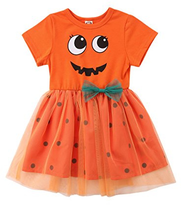 Loalirando Toddler Baby Girls Halloween Costume Short Sleeve Pumpkin Princess Dress Lace Polka Dot Tutu Skirt (3-4 Year, Orange)