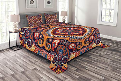 ABAKUHAUS Paisley Tagesdecke Set, Blumenteppich, Set mit Kissenbezügen Waschbar, für Doppelbetten 264 x 220 cm, Mehrfarbig Dunker Nachtblau