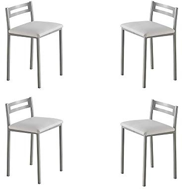 MOMMA HOME Taburetes Altos de Cocina - Pack 4 Taburetes de Cocina, Banquetas, Sillas, Taburete Bar, Material Metal/Ecopiel, Color Plata/Blanco, Modelo MOLI, Medidas 34x34x65cm