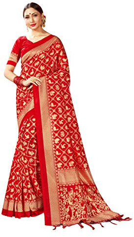 STYLE INSTANT - Saris para mujer, sari mysore de seda con estampado artístico, regalo étnico indio tradicional, sari de boda con blusa sin costura, Rojo 1, talla única