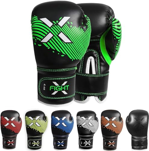 FightX Kids Boxing Gloves for 3-8 Years 4 6 Oz Training MMA Boys Girls Kickboxing Punching Gloves for Training, Punching Bag, Muay Thai, MMA (Black/Green, 6oz)