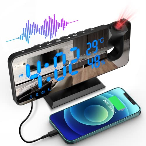 ShinePick Sveglia con Proiezione, Radiosveglia FM Digitale Sveglia da Comodino con Rotazione di 180 °, Ricarica USB, 4 Luminosità, Doppio Allarme, Snooze 12/24H, per Camera da Letto, Soggiorno