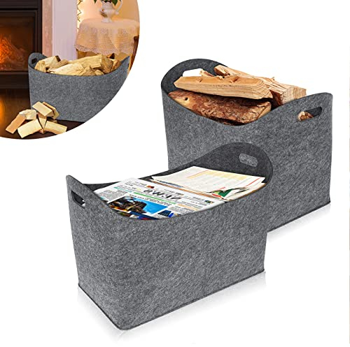 YARDIN 2 Stück Holzkorb für Kaminholz Faltbar Groß Kaminholztasche Kaminholzkorb Filzkorb Kaminholz mit Verstärkten Filztasche Einkaufstaschen Zeitungskorb Shopper - 55 x 30 x40 cm, Hellgrau
