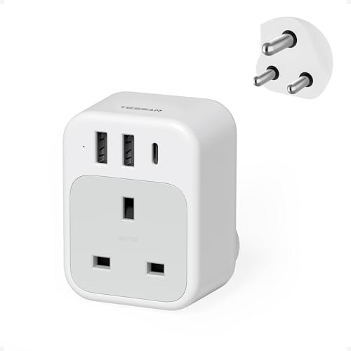 South Africa Plug Adapter, TESSAN UK to South Africa Plug Adapter with USB C and 2 USB A, 4 in 1 Travel Adaptor for Namibia, Botswana, Nepal, Mozambique
