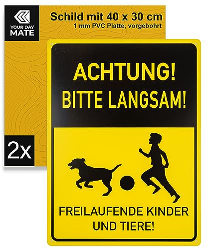 Warnschild ACHTUNG! BITTE LANGSAM! FREILAUFENDE KINDER UND TIERE!, 2 Stück, 40 x 30 cm, 1 mm starkes PVC Schild mit Bohrlöchern, Hinweisschild Spielstraße, Achtung Kinder Schilder, Autofahrer Sign