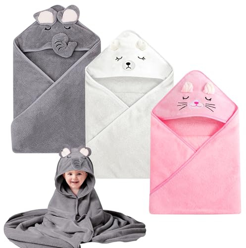 BORDEAG Asciugamano con cappuccio, confezione da 3 asciugamani con cappuccio, per bambini, in 100% pile di corallo, asciugamano per neonati con cappuccio, 80 x 80 cm, super assorbente, per neonati da