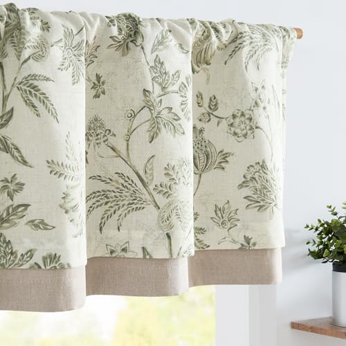 TOPICK Linne skivgardiner ogenomskinliga köksgardiner gul vår tropiska blad gardiner lantlig stil mörkläggningsgardiner kort bistrogardin volang 1-pack grön på beige 40 H x 125 B cm