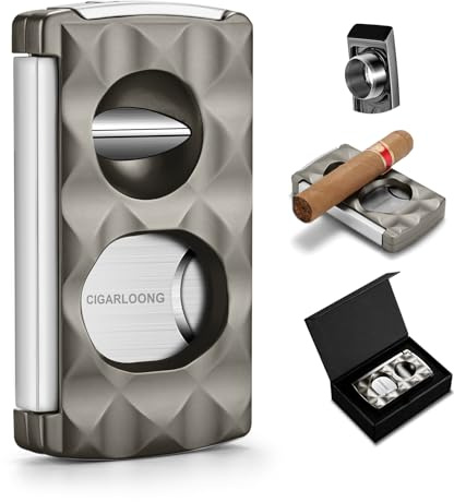CLZOONG 4-in-1 Zigarrenschneider Edelstahl Doppelte Klinge Guillotine, V-Cutter, Zigarren Punch, Zigarren-Accessoires mit Diamantmuster Finish (grau)