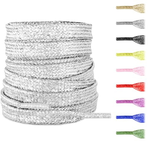 NDTEZUGT 8mm Lacets Plats Pailletés, Lacets Dores pour Baskets Remplacement Brillant de Chaussures(Argenté,63/160cm)