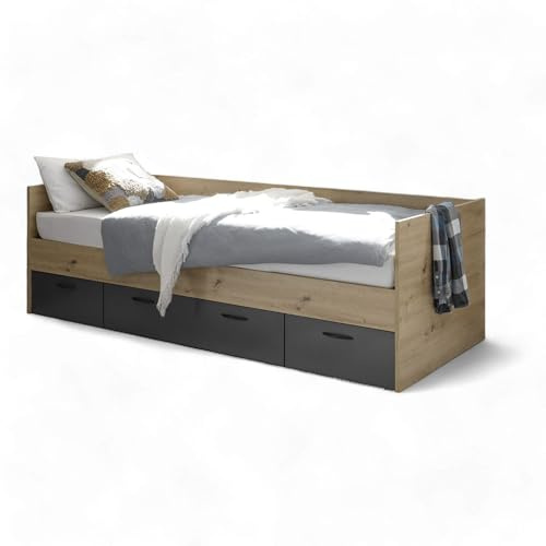 Liam Modernes Einzelbett mit 3 Schubkästen 90 x 200 cm - Praktisches Jugendzimmer Kojenbett in Artisan Eiche Optik, Graphit - 95 x 65 x 204 cm (B/H/T)