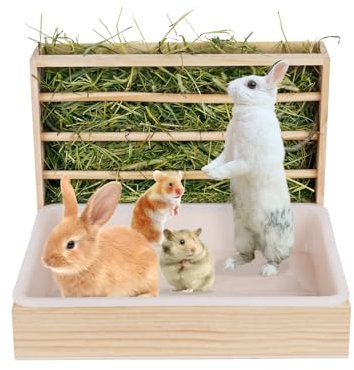 MOGOULUA 3-in-1 Kaninchen-Heu-Futterstation mit Katzentoilette, Futternäpfe für Haustiere, Holz, Heuraufe für kleine Haustiere, Kaninchen, Hamster, Meerschweinchen