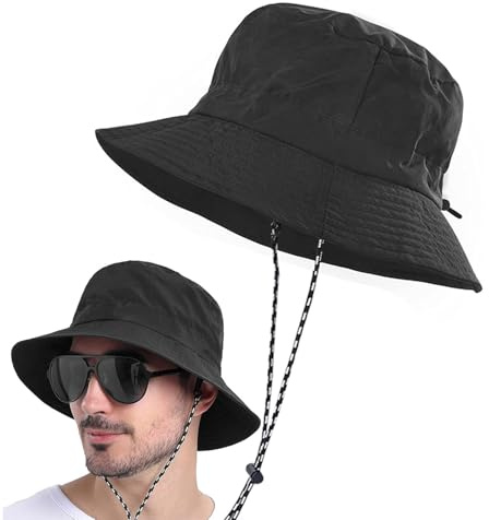 Plegable Sombrero de Pescador Mujer Hombre 54-60CM Impermeable de Sol Negro Verano Playa Gorra Unisex Ideal para Senderismo,Deportes al Aire Libre
