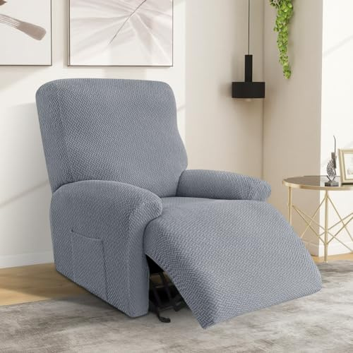 Fouvin 4er-Set Stretch Sesselbezug mit Taschen – Einfarbiger Stretch-Bezug für Relaxsessel, Sesselschoner für Fernsehsessel & TV-Sessel, Armlehnenschoner für Sessel (Hellgrau)
