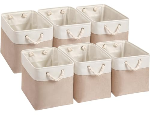 SOCOHOME Förvaringslåda, 33 x 38 x 33 förvaringskorg, tyg för skåp, hylla och kläder, tvättbar (ljus khaki/vit, 6-pack)