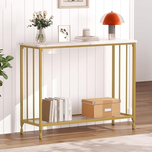 Garvee Konsolentisch mit Ablagen Schmaler Sofatisch 85 x 30 x 81 Beistelltisch mit Metallrahmen Eingangstisch Flurtisch Sofatisch für Wohnzimmer Eingang Flur Golden