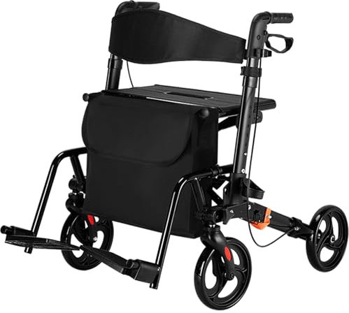 Déambulateur 4 en 1 en aluminium avec siège – Déambulateur pliable pour fauteuil roulant, dossier inclinable à 180°, roues tout-terrain de 20,3 cm et poids léger de 8,8 kg pour les soins aux personnes