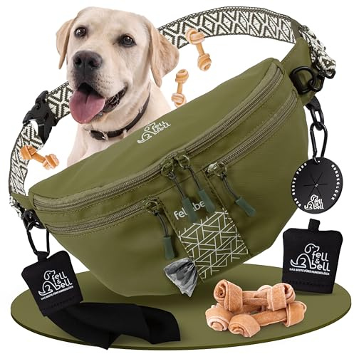 fell&bell Leckerlitasche für Hunde – wasserfester Leckerlibeutel mit 2 Snackfächern, 1,8 L Hauptfach, Handyfach & Kotbeutelspender | Futterbeutel Hundetraining & Hundetasche für Welpen Zubehör