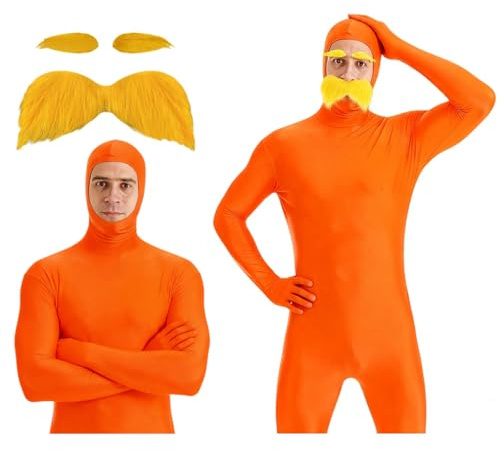 3pc Costume de carnaval orange, combinaison de cosplay moulant, avce barbe+sourcil, visage ouvert,costume Slenderman, seconde peau, idéal pour Halloween, carnaval et bal masqué, unisexe pour adulte