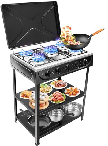 5-flammig gasspis, stående spis med 5 brännare, utomhus gasspis campingspis med justerbar eldstyrka, kompatibel med NG/LPG (kräver ett lågtrycksventil), för camping, fiske, resor