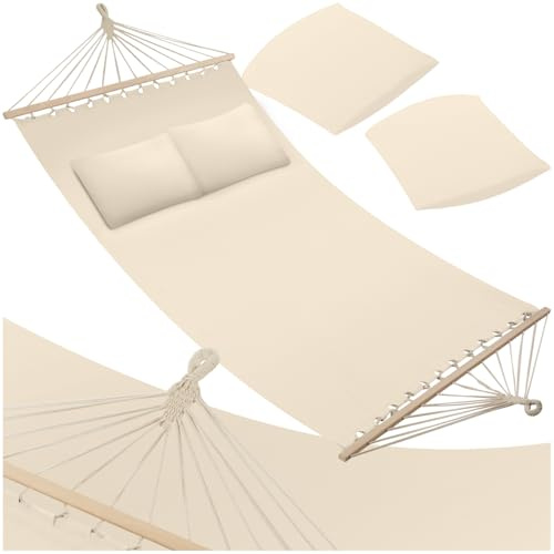 tectake® Doppel Hängematte Outdoor, XXL Stoff Schaukeltuch, Sonnenliege 2 Personen inkl. Kissen, Schaukel Outdoor mit Liege Fläche ca. 230x145cm, bis 240kg belastbar, Hängeschaukel - beige