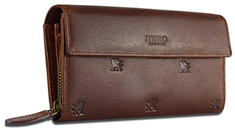 mano Don Leon Geldbörse Damen Groß - Frauen Geldbeutel mit Druckknopf Lang - Damengeldbörse Langbörse Portemonnaie im Querformat, Braun