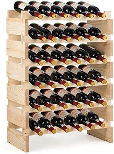 GOPLUS Botellero de Vino de Pino para 36 Botellas, Botellero Vertical con 6 Niveles Apilable, Diseño Inclinado, Estantería Compacta para Cocina, Bar, Bodega y Hogar, Gran Espacio, 63x28x85 cm, Natural