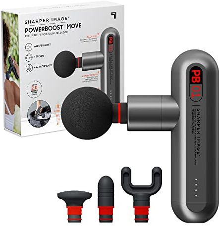 Sharper Image Powerboost Move - Mini Percussion Massage Gun| 4 Attachments, 4 Speeds, FSA Eligible| Full Body Back & Shoulder Massager| Deep Tissue Muscle Recovery| Portable Pain Relief Massage Tool