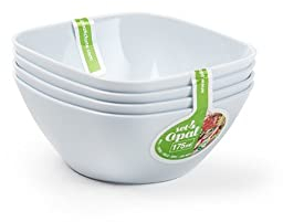 Lot de 4 bols de service classiques en plastique pour céréales, curry, pâtes, desserts, collations, pique-niques, empilables, réutilisables (1A-175 ml, 4 bols carrés)