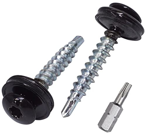 SKIR'CO (250 st) Metalltakskruvar, 4,8 x 35 mm målade självborrande skruvar med EPDM-brickor, torxhuvud (kolsvart RAL 9005)