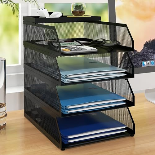 PUNCIA Vassoio per Lettere in Metallo a 4 Livelli Organizer da Scrivania per Ufficio Supporto da Scrivania per Accessori per Lettere di Carta 25x32x31,5CM per l'Ufficio Domestico e Scolastico(Nero)