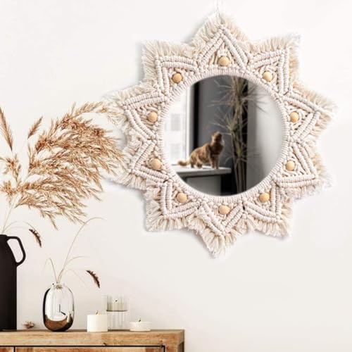 Gokelomg Espejo de pared de macramé boho de 40 cm, redondo, estético, decoración de pared para dormitorio, hogar, dormitorio, salón, pasillo, baño