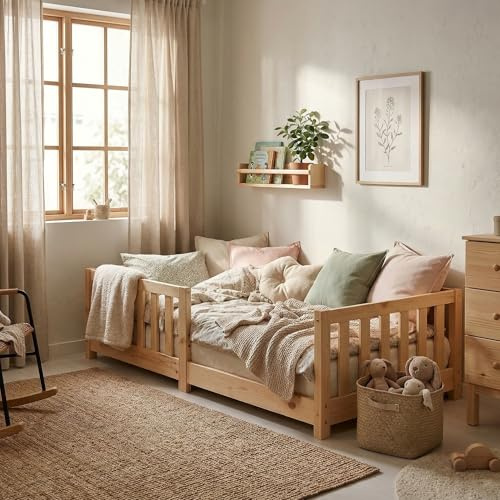 ecoMI - Cama infantil con protección anticaídas y somier de láminas, 90 x 200 cm, cama de suelo Montessori, cama de pino macizo con barrotes, 90 x 200 cm, natural