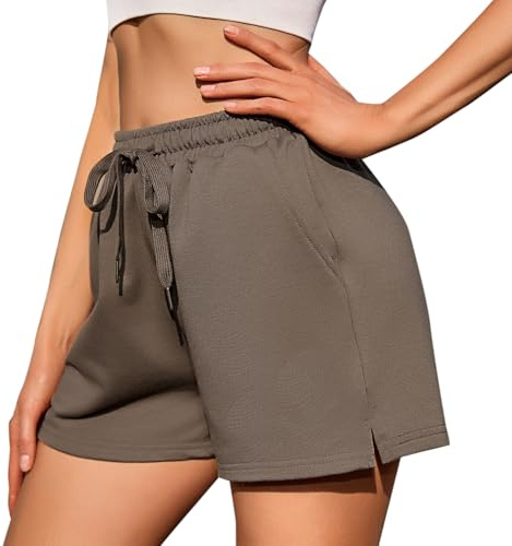 Jezonga Sporthose Damen Kurz Sport Shorts High Waist Sommer Shorts Lockere Kurze Sport Hosen mit Taschen Trainingshose Laufhose Jogginghose Frauen Khaki M