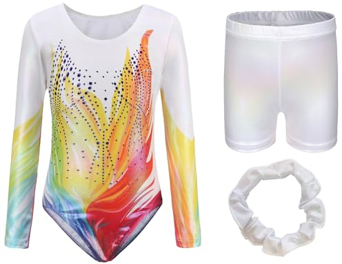 FEOYA Gymnastikdräkt för flickor, barn, gymnastikdräkt, balett, gymnastiktröja, gymnastikbyxor, shorts, sport, danskläder, atletisk tävling, träningsoverall, 100–140, färgglada mönster eller