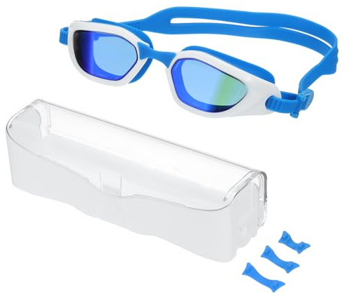 PATIKIL Lunettes de Natation Polarisées Unisexes, Anti-Buée, Résistantes aux Rayons du Soleil, Ne Fuient Pas, avec Boîte de Rangement pour Hommes, Femmes, Adolescents, Blanc/Bleu