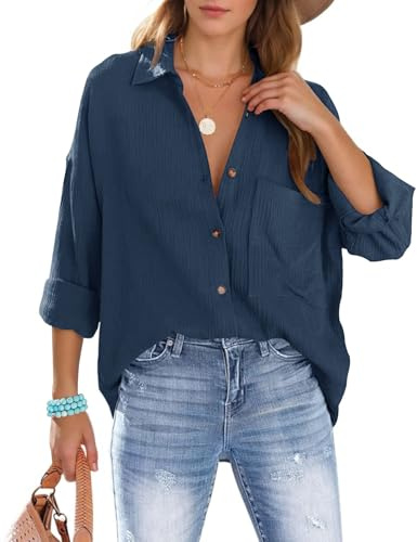Xnova Chemisier Oversize Femme à Manches Longues, Décontractée Coton Blouse Top avec Poche, T-Shirt Col en V Chic et Élégant Chemise Ample à Boutons(Bleu, XL)