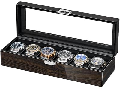 ANWBROAD Boîte à Montres Pour Hommes, Présentoir à Montres à 6 Emplacements, Nouvelle Boîte à Montres Pour Hommes Couleur ébène Laquée Piano Avec Couvercle en Verre JWB006E