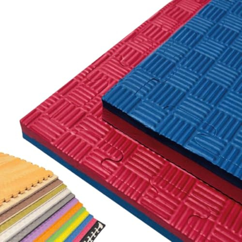 JOWY Tatami Puzzle 1x1m | 2 cm | Acabado F | Rojo/Negro, Marrón/Beige, Gris/Blanco, Lila/Naranja, Blanco/Verde Oliva, Verde/Amarillo, Rojo/Azul y Gris/Negro (Rojo/Azul, 2 Piezas (2 m²))