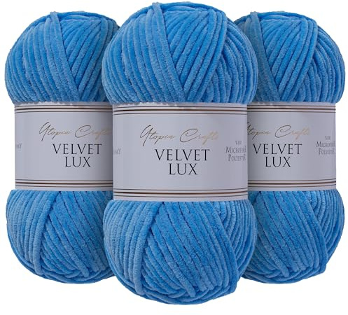 Utopia Crafts Velvet Lux Chenille supermjukt tjockt garn för stickning och virkning garn 3 x 100 g (Himmelsblå)