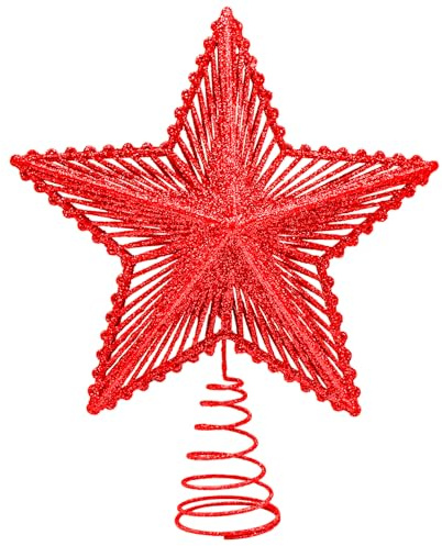 Red Christmas Tree Topper, Glitter Trees Star Topper, Metal Tree Top for Christmas Decorations, 20CM