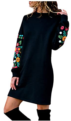 AMhomely Jumper Dress for Women, Autumn Winter Casual Long Sleeve Floral Embroidery Sweatshirt Plus Size Ladies Tunic Mini Dress Black