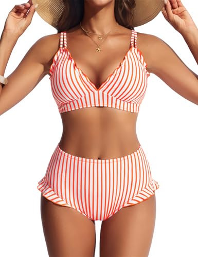 Hanna Nikole Women Bikini Sets Tummy Control Sexy V Neck Swimsuit Resort Wear Clothes Vintage Swimwear Orange White Striped XL