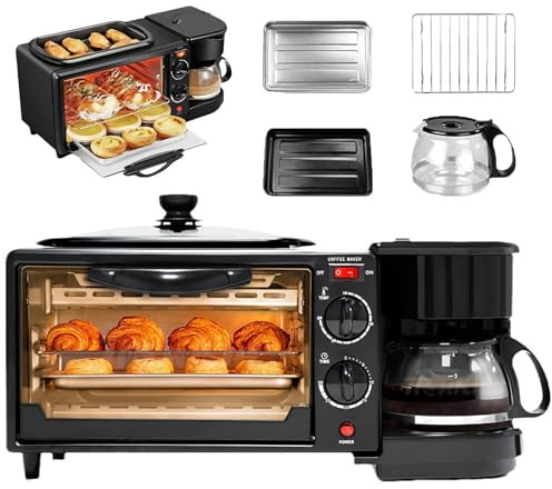Stazione per la colazione 3 in 1, che combina macchina per il caffè, piastra antiaderente e tostapane in un'unica unità, dotata di timer e impostazioni di temperatura regolabili, adatta per