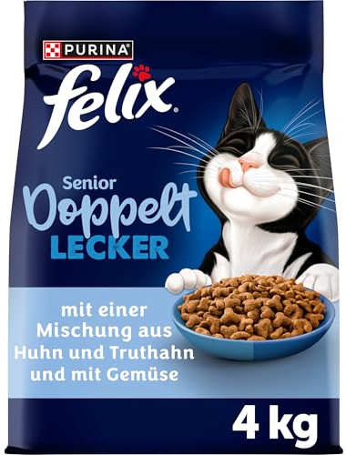 Felix Dubbel läckra Senior 7+ torr kattmat, med kyckling, kalkon och grönsaker, 4-pack (4 x 4 kg)