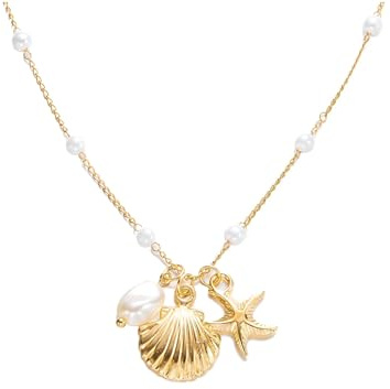 IMINI Shell Starfish Pendant Necklace for Women, Gold-Tone Layered Pearl Beaded Boho Jewellery - Dainty Adjustable Chain, Summer Beach Vacation Holiday Gift (Gold)