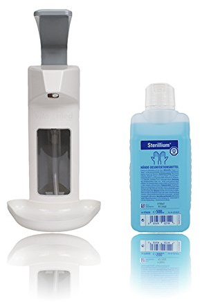Wandspenderbasic line aus Kunststoff + 500ml Sterillium, Universalspender, Seifen- und Desinfektionsspender mit Abtropfschale der Firma Vitamed Matthias Quinger e.K. (1)