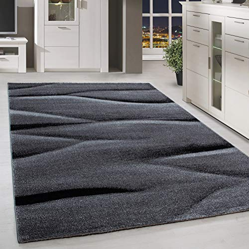 HomebyHome Teppich Wohnzimmer 160x230 cm Grau und Schwarz Abstrakt Wellen Design - Schlafzimmer Teppich Kurzflor Extra Weich Pflegeleicht Teppiche Waschbar Küche Esszimmer - Carpet Living Room