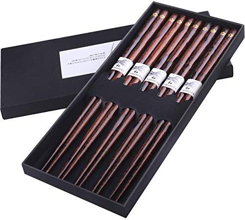 GLAMFIELDS Reusable Chopsticks Japanese Natural Wooden Classic Style 5 Pairs Lightweight Hand-Carved Safe Chop Sticks 8.8 Inch/22.5cm Gift Set