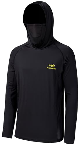 Bassdash - Maglia a Maniche Lunghe da Uomo con Protezione UPF 50+ e Maschera facciale incorporata, Scaldacollo e Cappuccio, Ideale per la Pesca